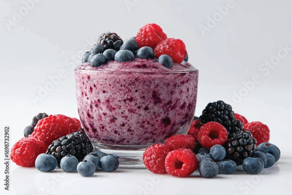 Fototapeta Delicious mixed berry smoothie bowl with fresh blueberries raspberries and blackberries served in a glass isolated on white