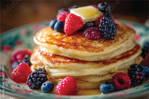 Fototapeta Delicious pancake stack with fresh berries and butter a perfect breakfast or brunch indulgence