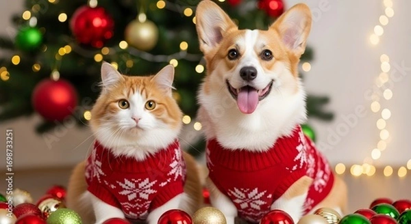 Obraz Cute corgi dog and cat wearing christmas sweaters with tree