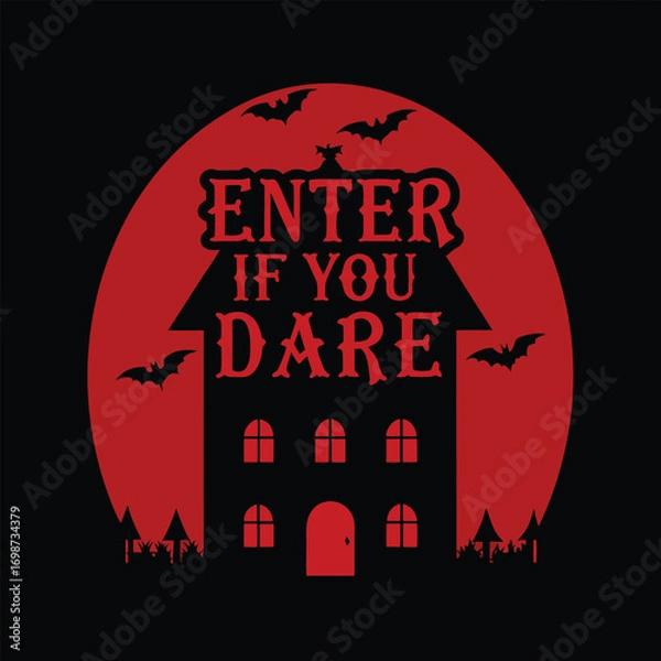 Fototapeta Spooky Silhouette House with Bats and Full Moon Halloween Design Enter If You Dare