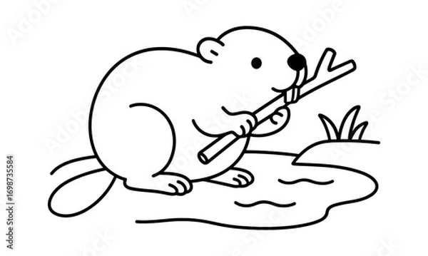 Fototapeta Playful beaver holding a branch line art for coloring