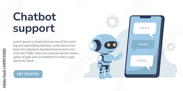 Fototapeta AI chatbot friendly assistant for communication. Cute futuristic chat bot character standing next to smartphone. Friendly voice assistant robot. Vector banner mockup.