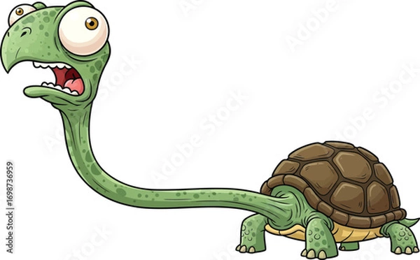 Fototapeta Funny cartoon turtle with long neck and surprised expression, isolated on white background