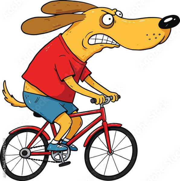 Fototapeta Cartoon dog riding a bicycle with a determined expression, isolated on white background
