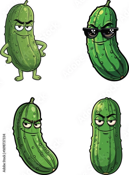 Fototapeta Four cartoon pickles with different expressions, isolated on white background