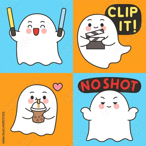 Fototapeta Cute Ghost Emotes Set with Lightsticks, Clip It Text, Drinking Boba, and No Shot Expression