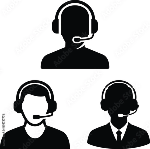 Fototapeta Customer service icons with headsets and microphones isolated on white background