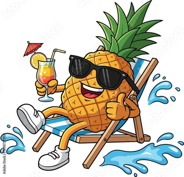 Fototapeta Cartoon pineapple character relaxing in a deck chair with a cocktail