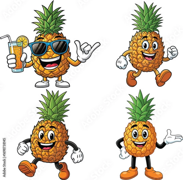 Fototapeta Set of four cartoon pineapples with sunglasses and drinks isolated on white background