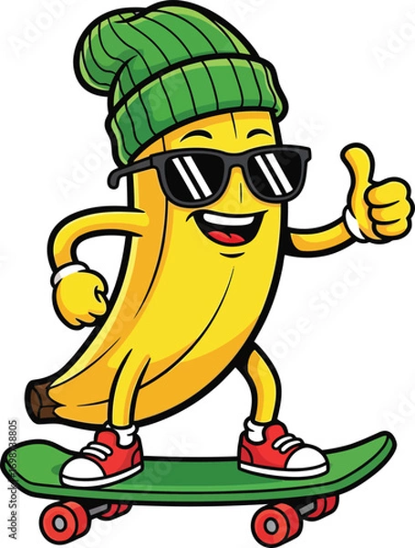 Fototapeta Banana character wearing a beanie and sunglasses, skateboarding, isolated on white background