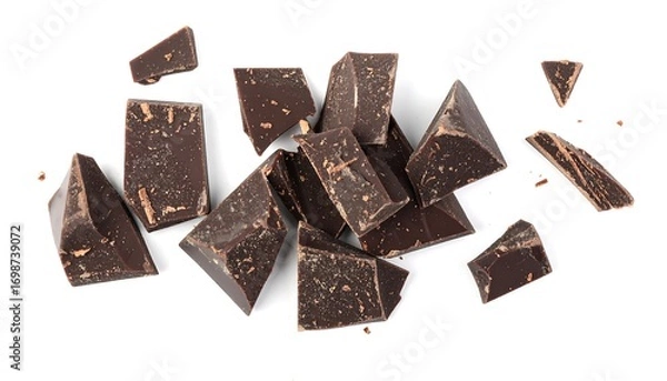 Obraz Dark chocolate chunks scattered on white background
