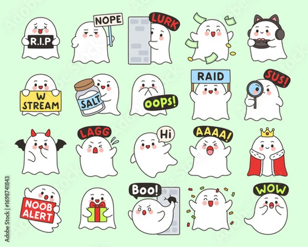 Fototapeta Kawaii ghost emotes set 1 with cute cartoon gaming and streaming expressions