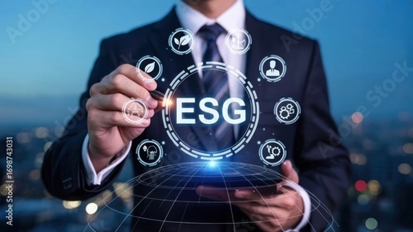 Obraz Businessman interacting with a digital display featuring esg principles and icons