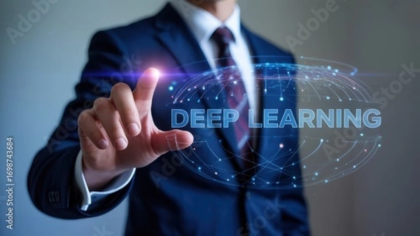 Obraz Businessman touching screen with holographic deep learning technology and ai data