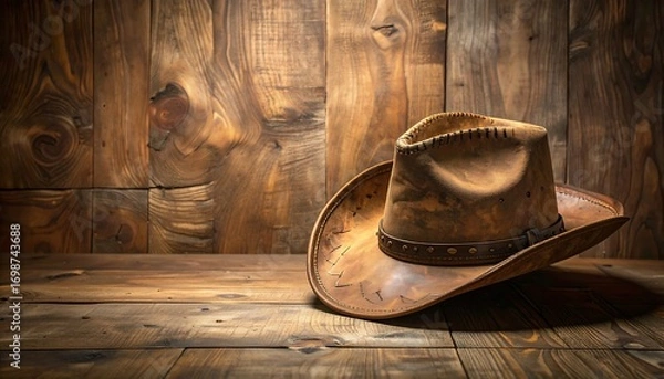 Obraz Worn cowboy hat on rustic wooden surface
