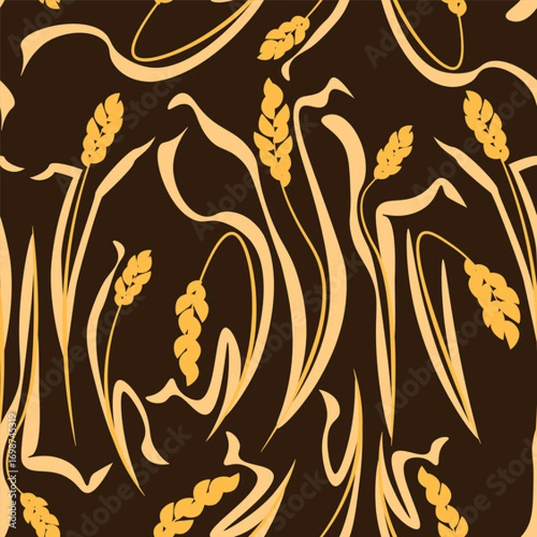 Fototapeta Seamless pattern of golden ears of wheat with leaves on a dark brown background