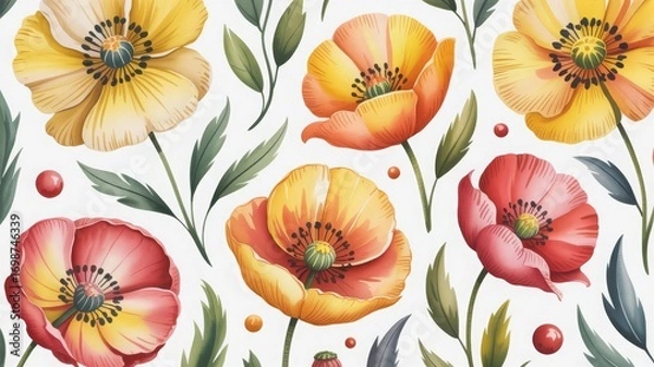 Fototapeta Red and Yellow Poppy Seamless Floral Pattern – Botanical Wildflower Digital Artwork, Nature Inspired Textile Print, Scrapbook Paper, Wallpaper and Wrapping