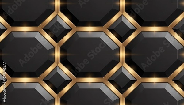 Fototapeta Black Gold Luxury Geometric Digital Paper | Seamless Metallic Hexagon Pattern | Modern Abstract Background for Printing, Cards, Fabric, DIY Projects