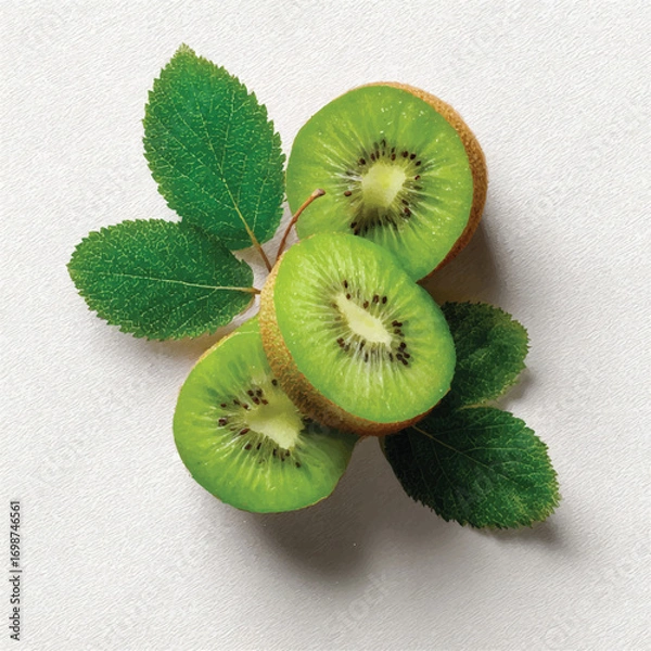 Fototapeta Freshly cut kiwi fruit slices with vibrant green color and leaves on a white surface a healthy snack