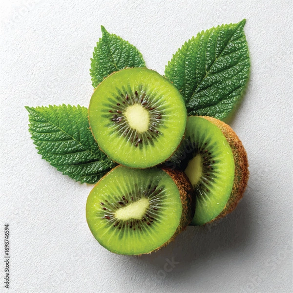 Fototapeta Fresh Kiwi Fruit Slices with Green Leaves on Light Background Top View Healthy Eating Concept