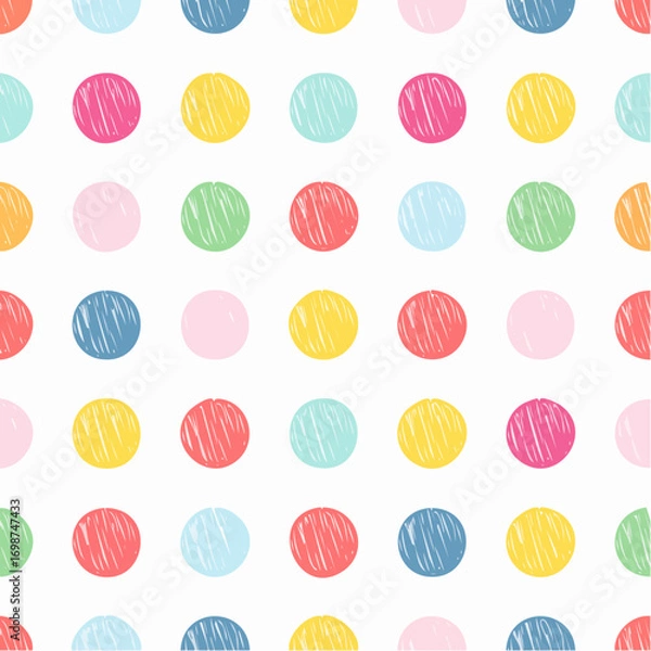 Fototapeta Colorful seamless polka dot pattern. Brush drawn rough multi colored circles. Funky abstract simple background with dots. Hand drawn y2k naive confetti wrapping paper. 