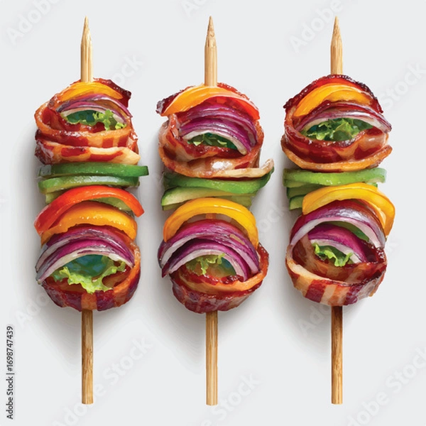 Fototapeta Gourmet bacon wrapped vegetable skewers with vibrant colors and fresh ingredients presented beautifully against a plain background