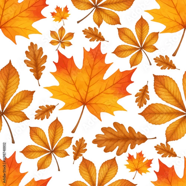Fototapeta Watercolor autumn leaves pattern with maple, oak, and chestnut foliage in bright orange, yellow, and golden tones on a white background. Seamless fall design perfect for Thanksgiving decorations.