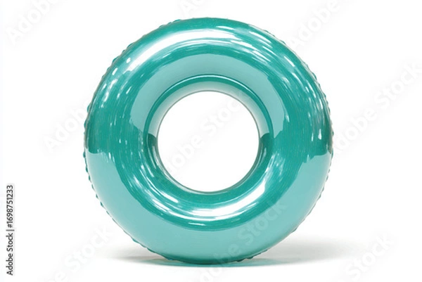 Fototapeta Isolated turquoise inflatable ring on white background capturing summer fun and vibrant recreation accessories for swimming pool enjoyment