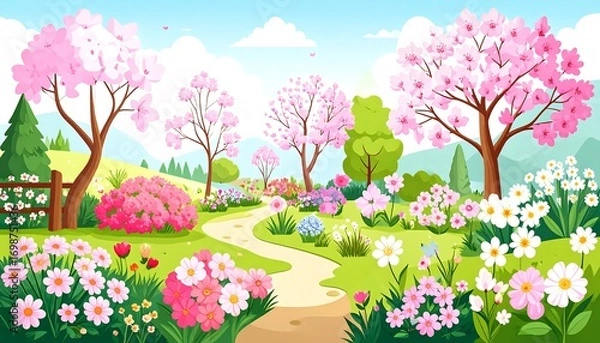 Fototapeta Springtime flower path in a valley