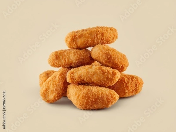 Fototapeta Crispy Golden Chicken Nuggets Stacked High - Delicious Fast Food Snack on Beige Background (Studio Shot)