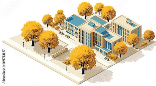 Fototapeta Isometric university or college campus design with trees showing fall colors creating a serene autumn scene