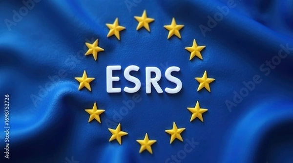 Fototapeta EU ESRS Emblem: Blue Flag with Twelve Yellow Stars Signifying Sustainable Unity, Omnibus Regulations 
