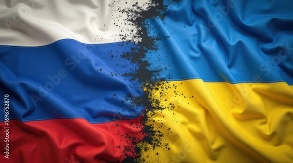 Fototapeta Overlapping Flags of Russia Ukraine Reflecting Conflict 
