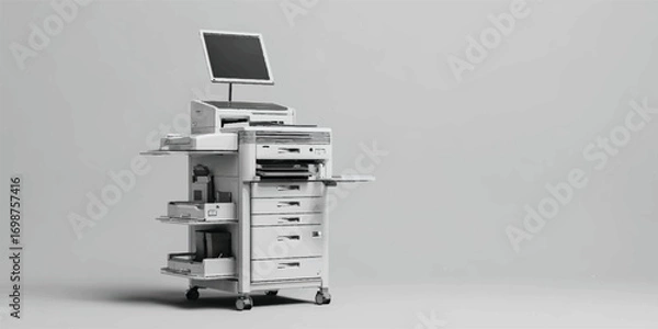 Fototapeta Monochromatic Professional Grade Laser Printer and Document Scanner Machine on Wheels with Shelving and LCD Screen