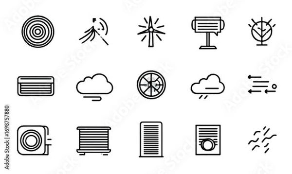 Fototapeta Outline Icons Collection Representing Weather Phenomena HVAC Systems and Renewable Energy Resources in Simple Design