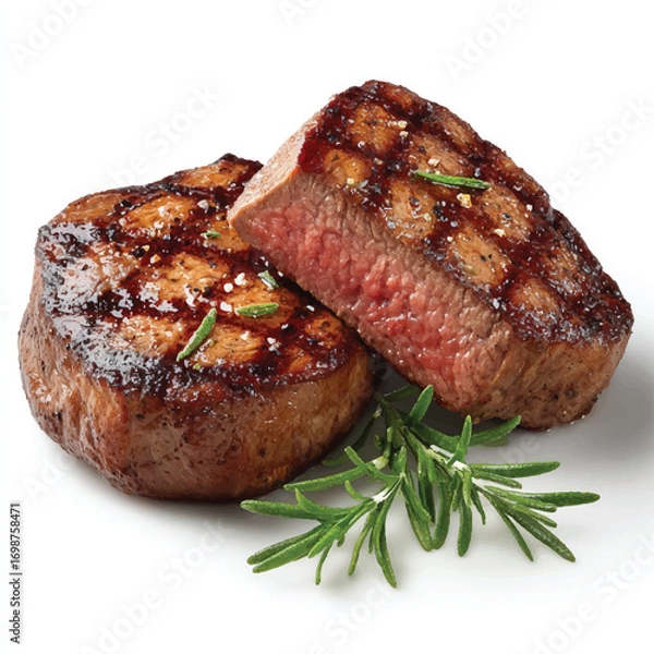 Fototapeta Perfectly Seared Filet Mignon Steaks with Rosemary Garnish on White Background Studio Shot