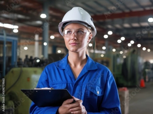 Fototapeta Female Engineer in Factory Setting with Clipboard - Manufacturing, Inspection, Safety Gear