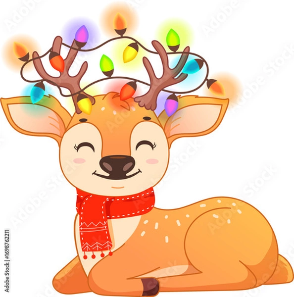 Fototapeta Cute reindeer with Christmas lights on antlers, vector illustration in festive colors