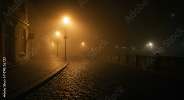 Fototapeta Mysterious foggy cobblestone street illuminated by warm gas lamps creates an atmospheric, cinematic mood for storytelling.