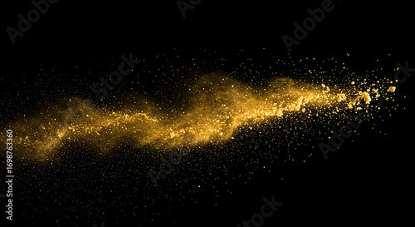 Fototapeta Dynamic golden dust explosion against black, creating a vibrant, energetic, and luxurious abstract background effect.