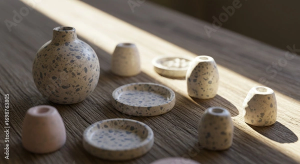 Fototapeta Elegant ceramic decorative objects arranged on a rustic wooden table bathed in soft sunlight, creating a serene and modern aesthetic.