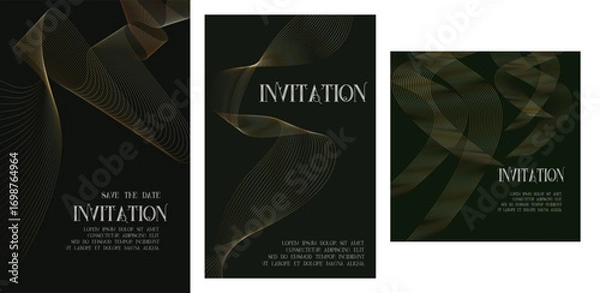 Fototapeta different typography  size Luxury black golden invitation card background, Premium wave gold line gradient frame design. Elegant Template for advertising, gala card, grand opening, party invitation