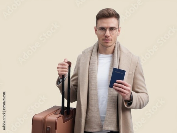 Fototapeta Confident Traveler: Stylish Man with Passport and Suitcase Ready for Adventure