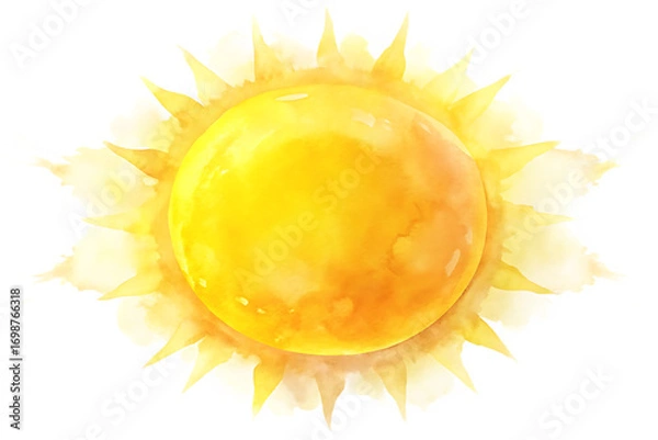 Fototapeta A radiant watercolor sun, glowing with intense yellow and orange hues, isolated on transparent background, capturing the essence of summers warmth and energy in a vibrant artwork