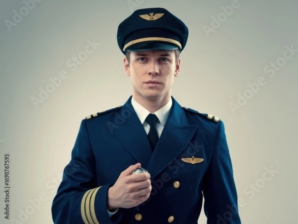 Fototapeta Portrait of a Confident Airline Pilot in Uniform Holding a Microphone - Aviation Professionalism