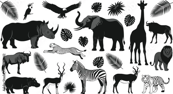 Obraz Black and white African safari animals and tropical leaves vector illustration featuring wildlife silhouettes including elephant, lion, giraffe, zebra, and jungle foliage