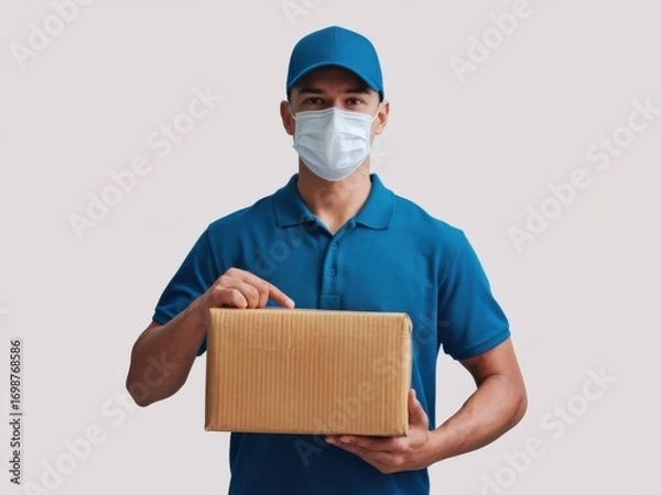 Fototapeta Delivery Man with Face Mask Holding Package - Safe Shipping During Pandemic