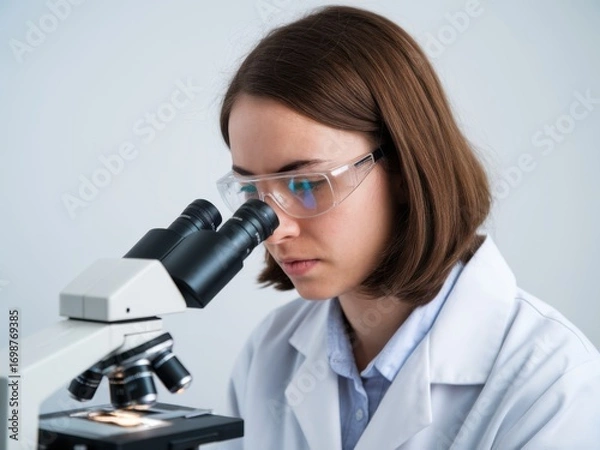 Fototapeta Scientist Using Microscope in Laboratory - Medical Research, Scientific Study, Healthcare, Experiment, Analysis, and Discovery