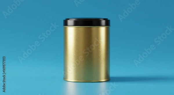 Fototapeta Elegant golden tea tin with sleek black lid stands against a vibrant blue backdrop, symbolizing luxury and quality storage.