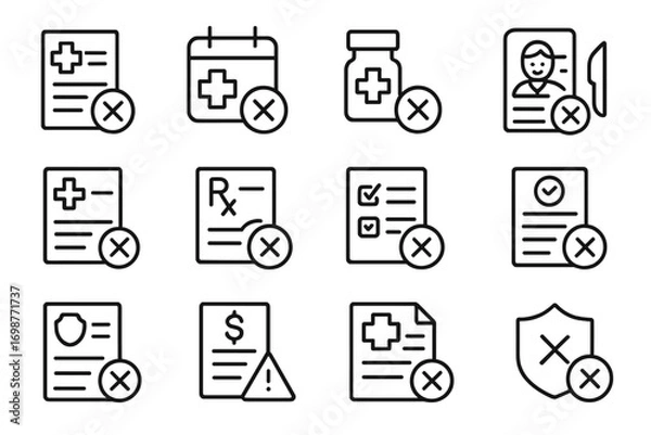 Fototapeta Medical Rejection Icons. Line style icons of medical rejections: denied insurance claim, rejected appointment, unapproved